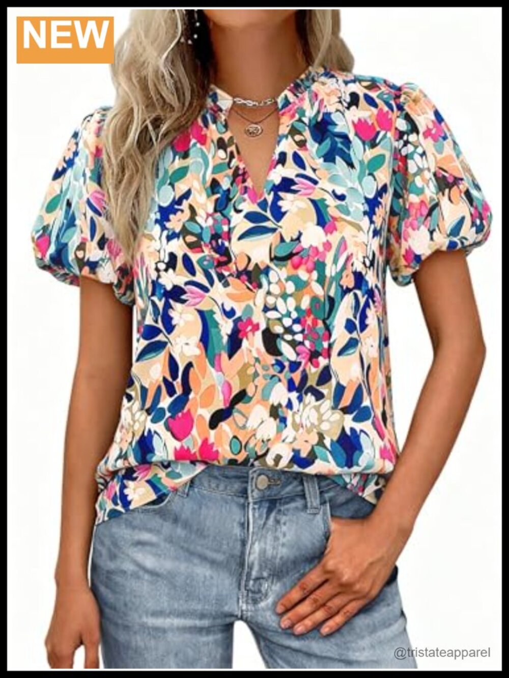 Womens Chiffon Floral Blouse V-Neck Puff Sleeve Boho Work Top